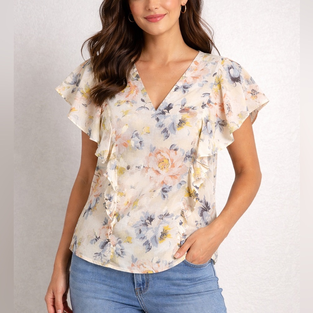 Marc New York Yellow Blue Floral Ruffle Short Sleeve Blouse Casual Chic Top M